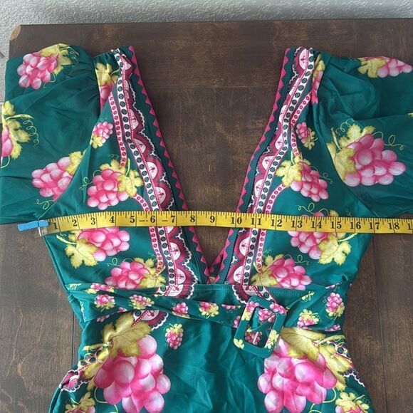 Embroidered Long-sleeved Retro Green Grapes Print One Piece swimsuit with Skirt - Picture 8 of 16